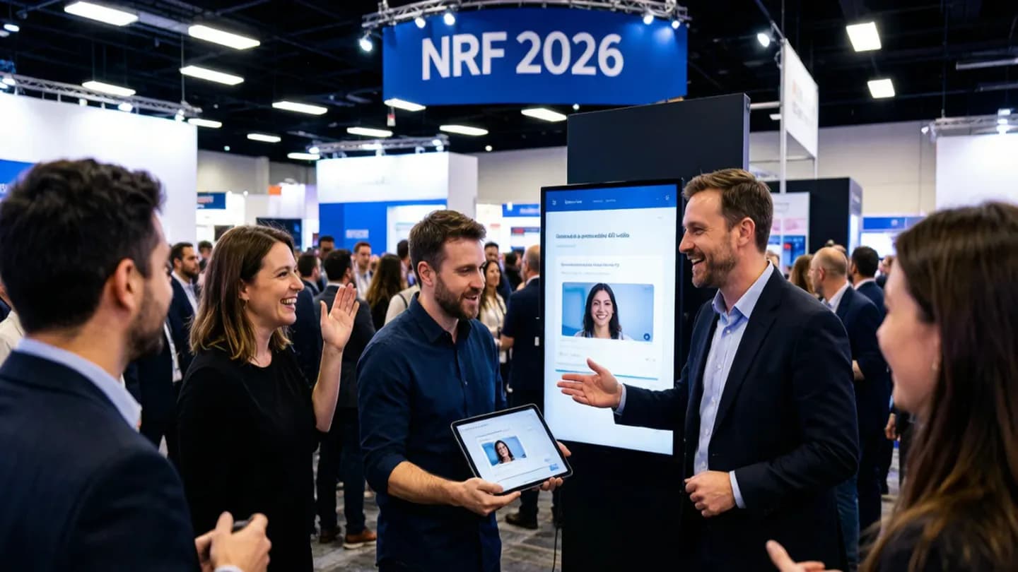 An NRF 2026 demo showing in-store AI video generated from a prompt on a tablet.