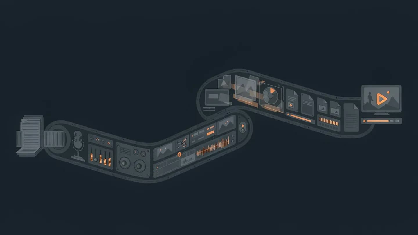 Flat vector diagram of a broadcast production chain drawn as one continuous track, from incoming wire copy to a finished broadcast package with no breaks between stages