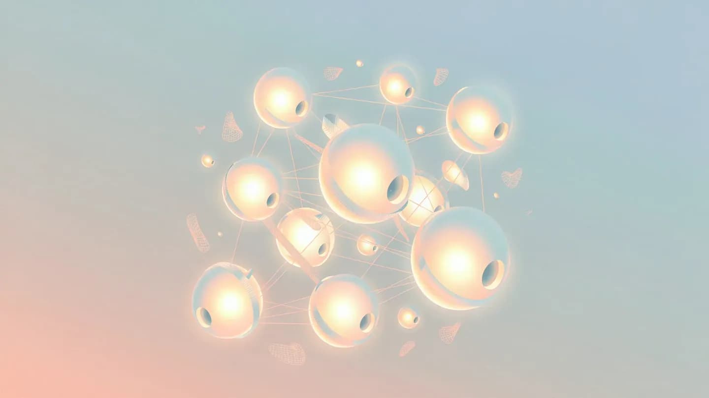 Isometric illustration of a connected creator community hub with glowing pods linked by threads.
