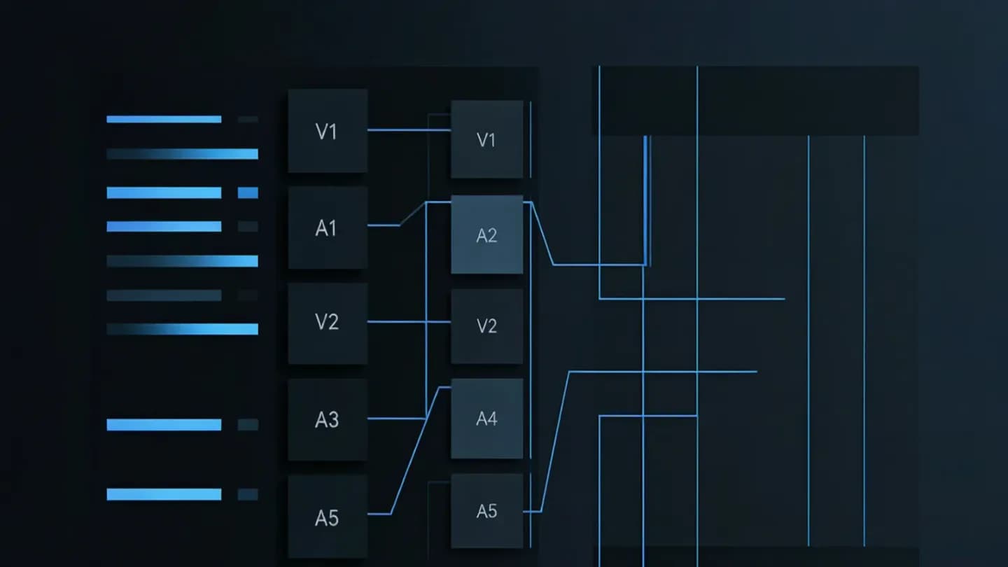 An orchestration console routing reusable blocks into a video timeline