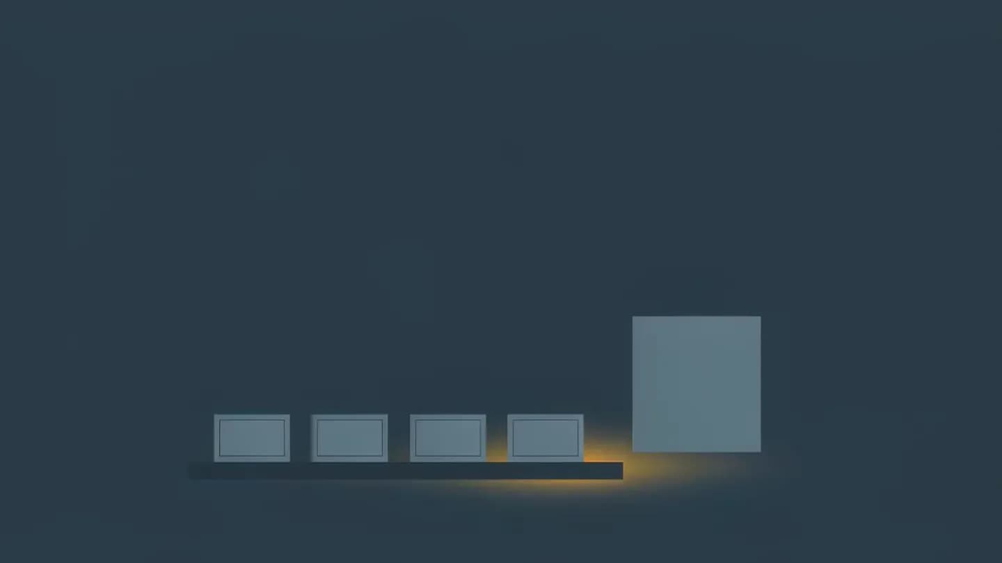 Flat vector diagram of a straight production rail whose final oversized station floats disconnected beside the line