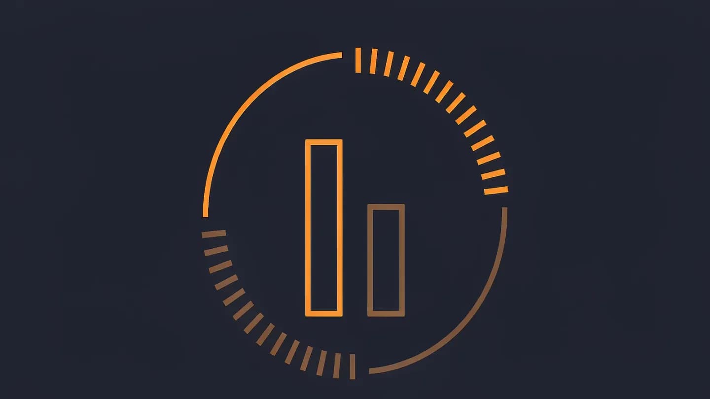 Flat illustration on dark navy showing a ring split into a ticked amber half and a plain slate half, with two bars of unequal height sharing a common baseline in the centre.