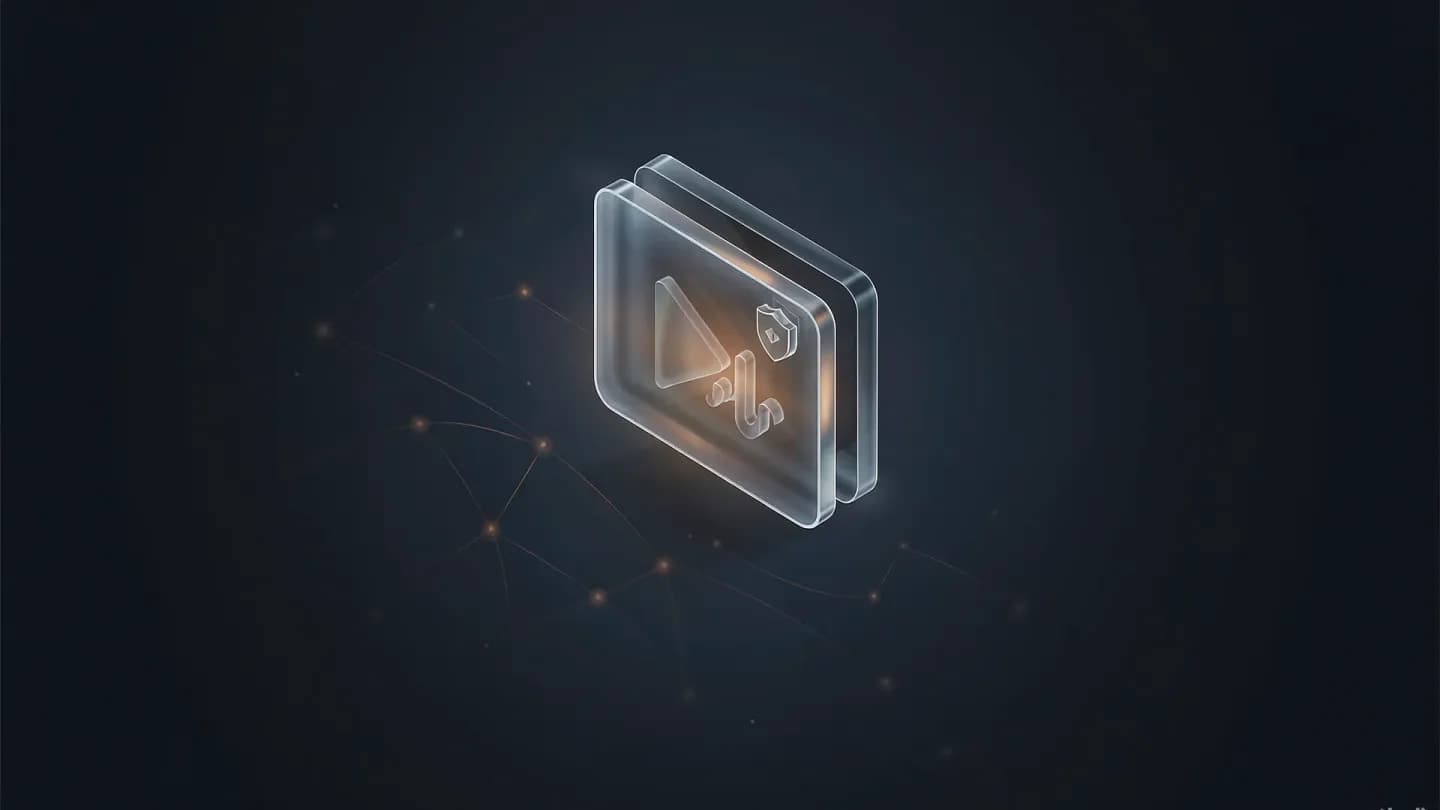 Stylized media file icon with a shield marker representing AI content provenance on a dark navy field