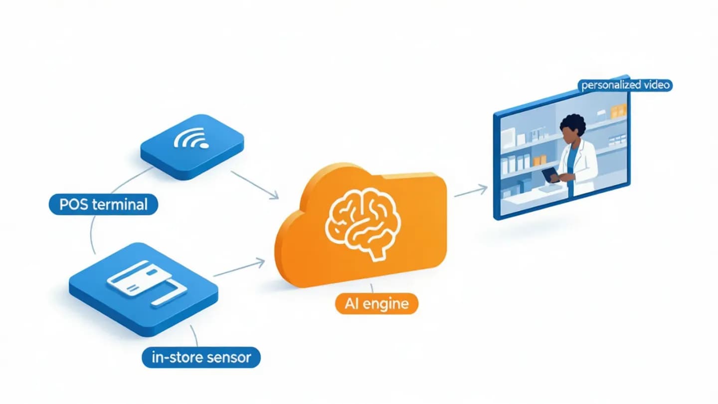 An isometric diagram of the in-store data loop that feeds personalized AI video to a screen.