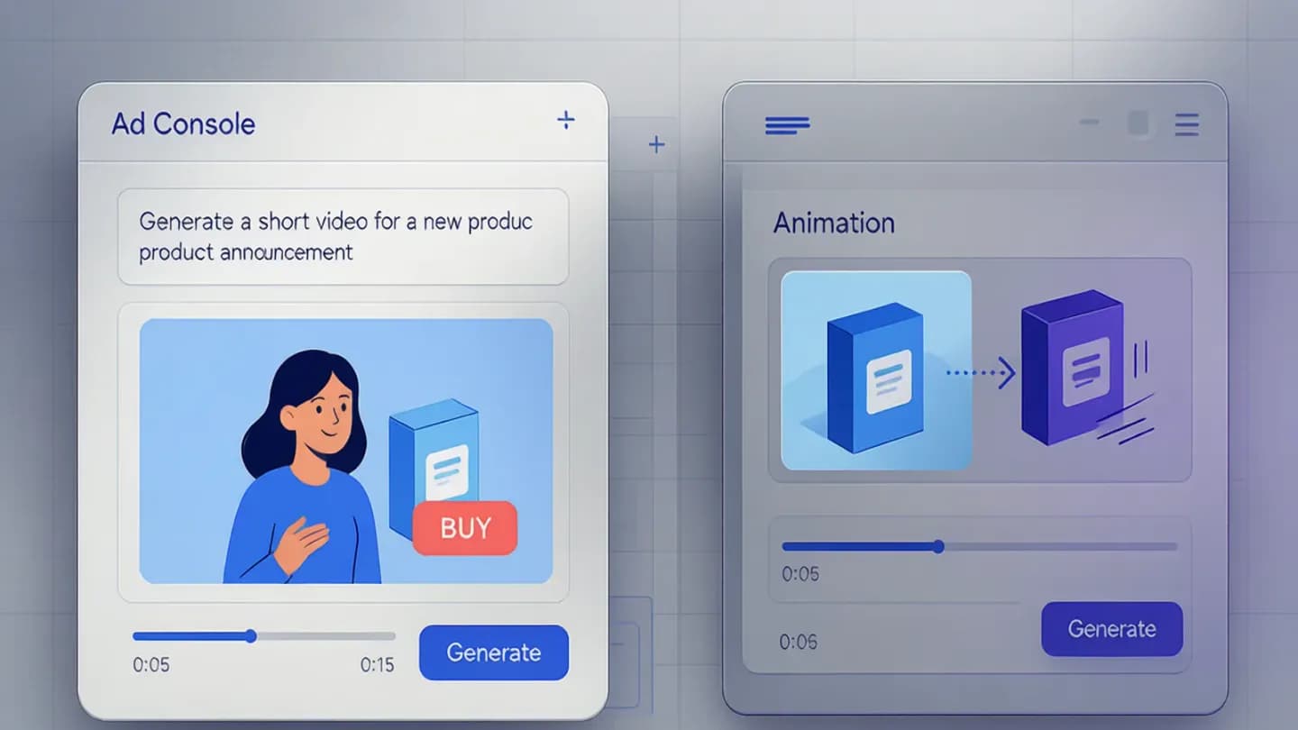 Two ad-platform consoles generating video from a prompt and a product image