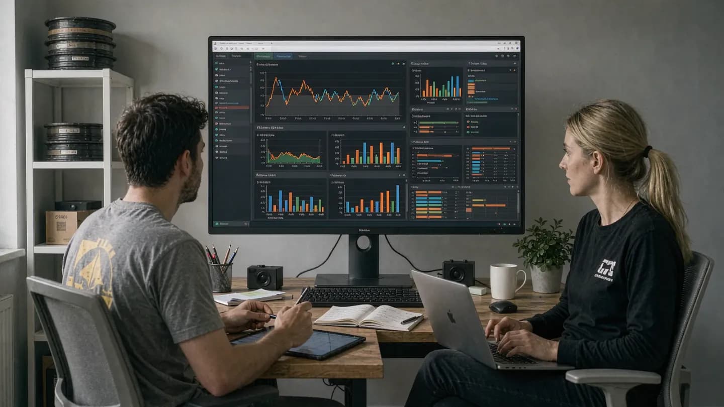 A creative director and producer reviewing AI video platform dashboards on a studio monitor