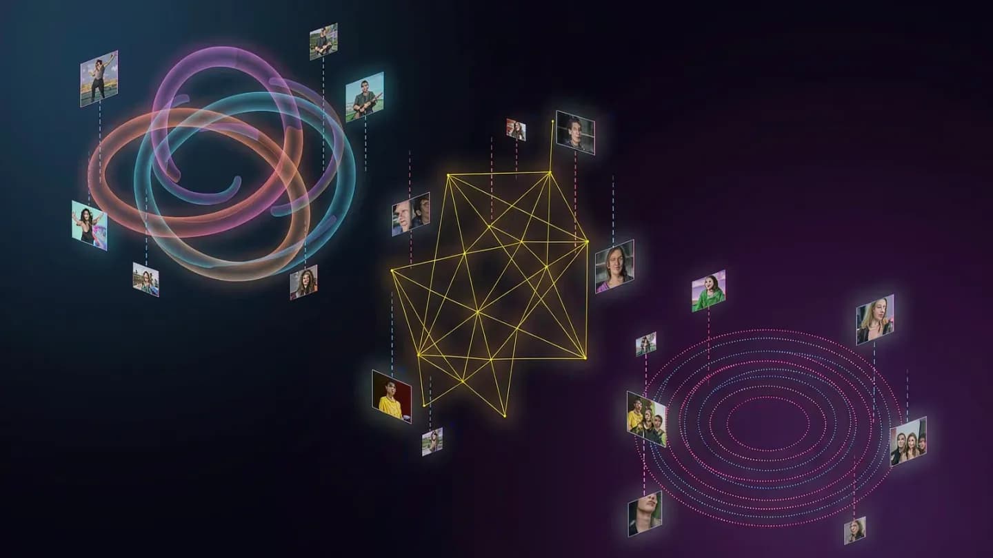 Three algorithm engines as glowing orbits pulling video tiles to represent how each platform distributes short-form video
