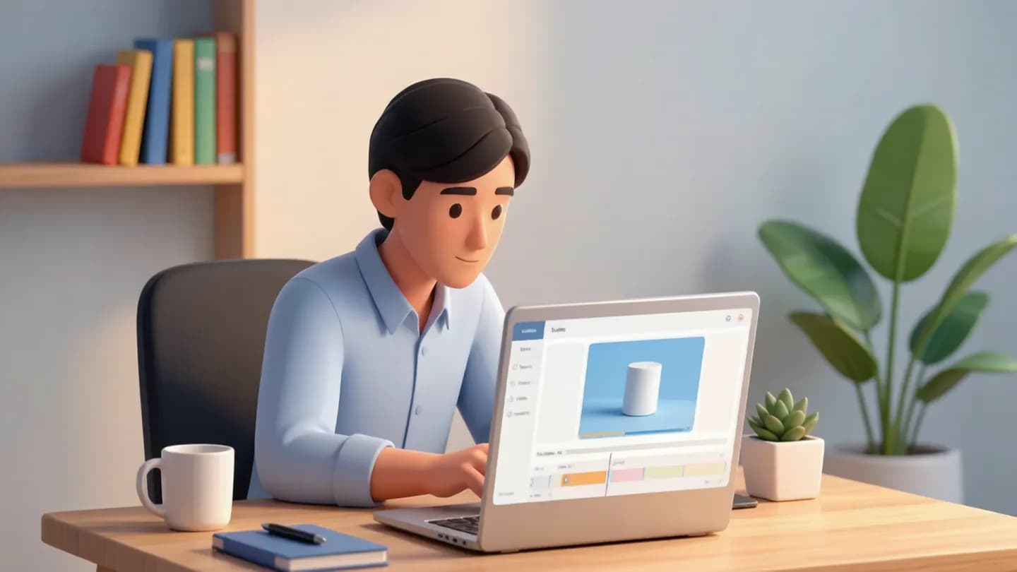 A marketer's laptop displays an ad console generating a product video from a single photo