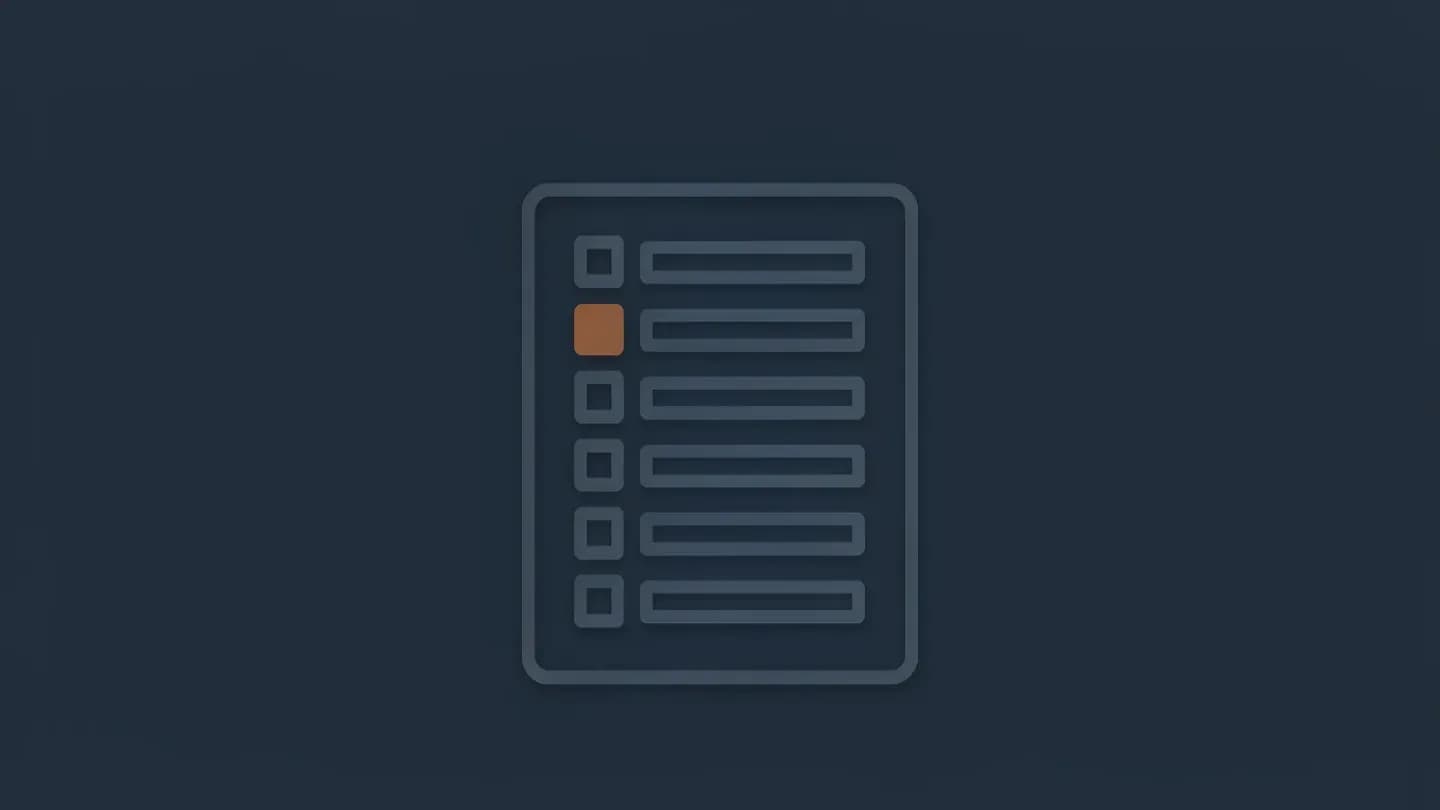Flat document outline with seven empty checkboxes and one amber tick mark, on a dark navy field