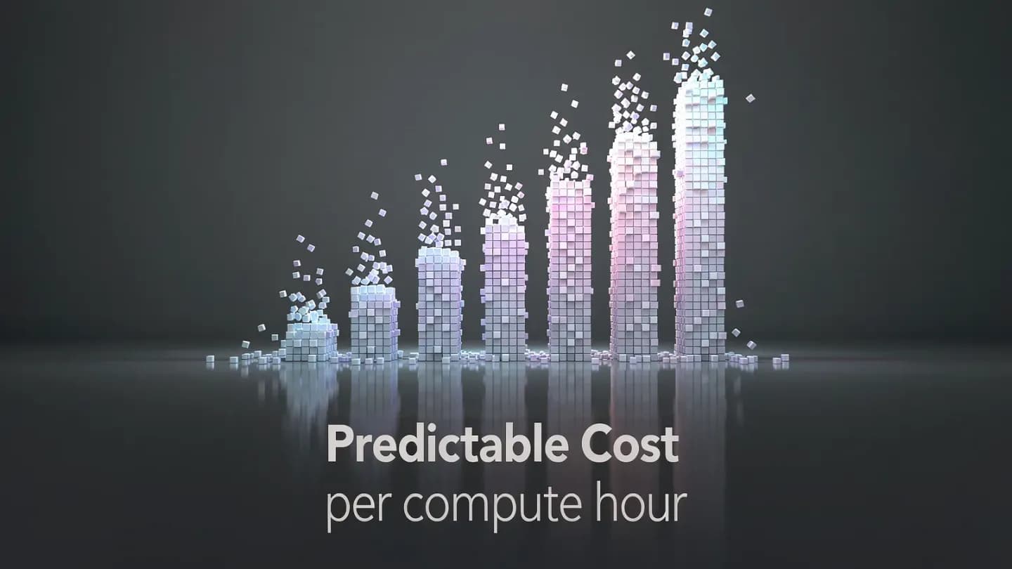 An abstract ascending bar chart of light particles representing predictable compute cost