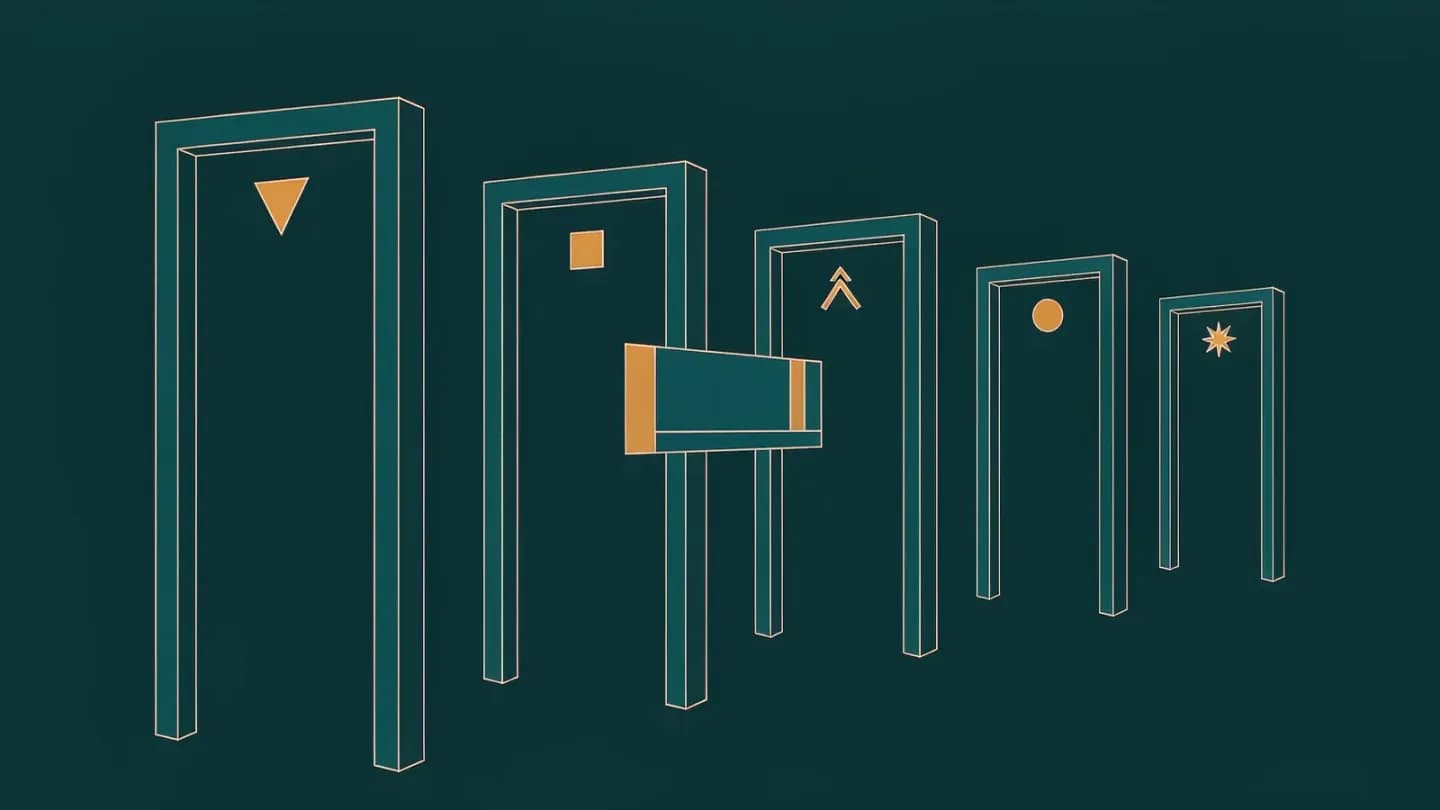 Flat illustration of a video frame token passing through five sequential review gates marked by geometric glyphs
