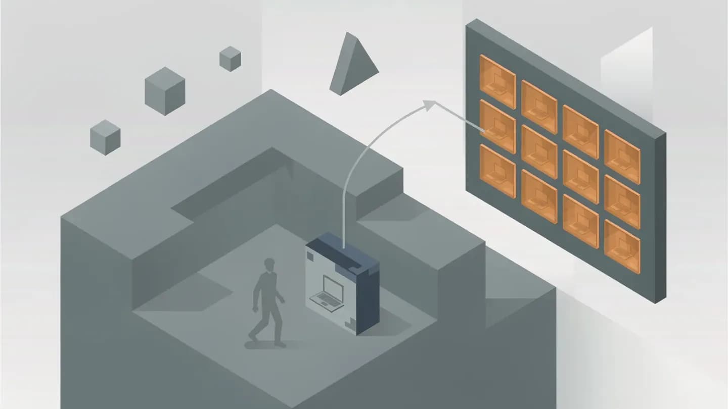 Isometric flat vector illustration of a 3D block-out stage feeding a camera path and staged objects into a rendering panel that returns a finished frame