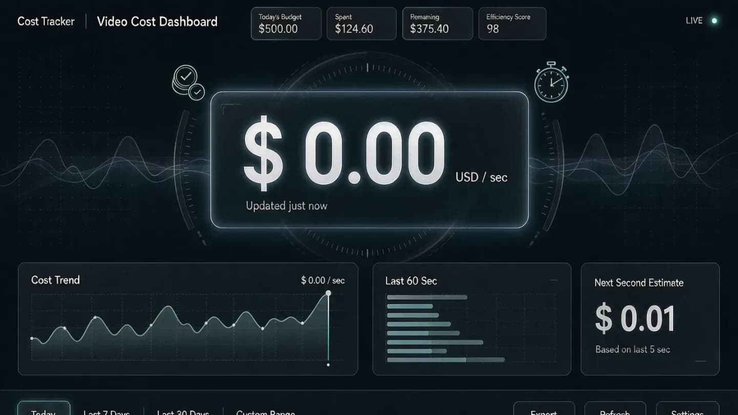 A minimal fintech dashboard showing a per-second video cost meter with coin and clock icons.