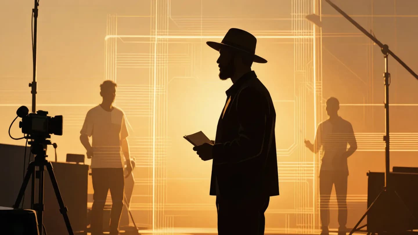 A human director on a film set with subtle AI circuitry suggesting behind-the-scenes tooling