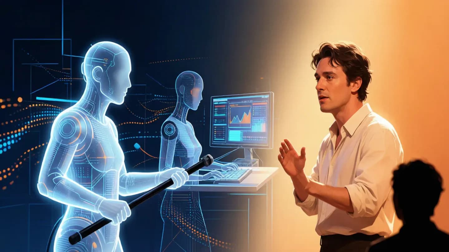 AI tools as invisible crew behind a human performer on camera