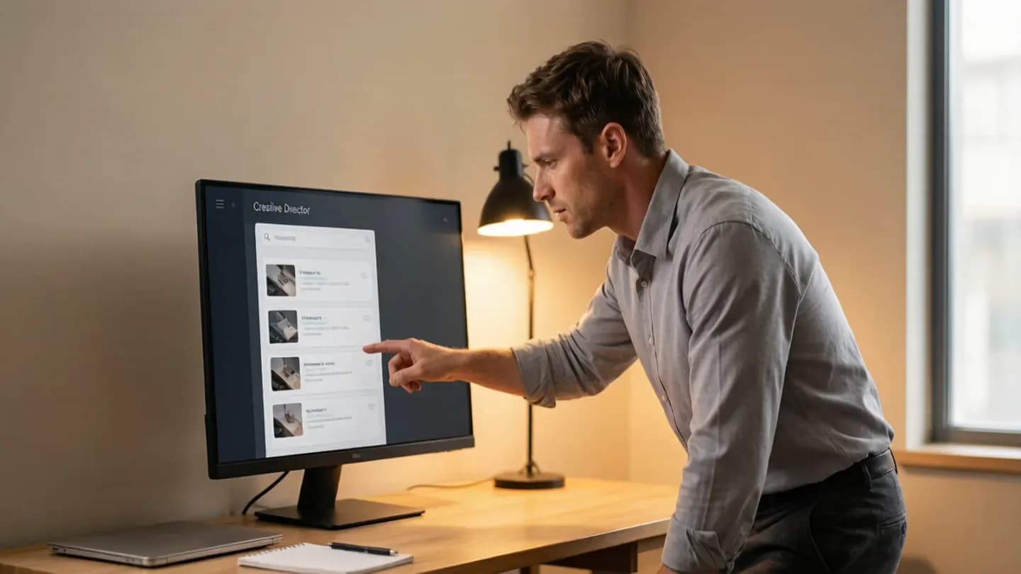 A creative director at a desk reviewing draft thumbnails inside a chat-style agent control panel under warm light.
