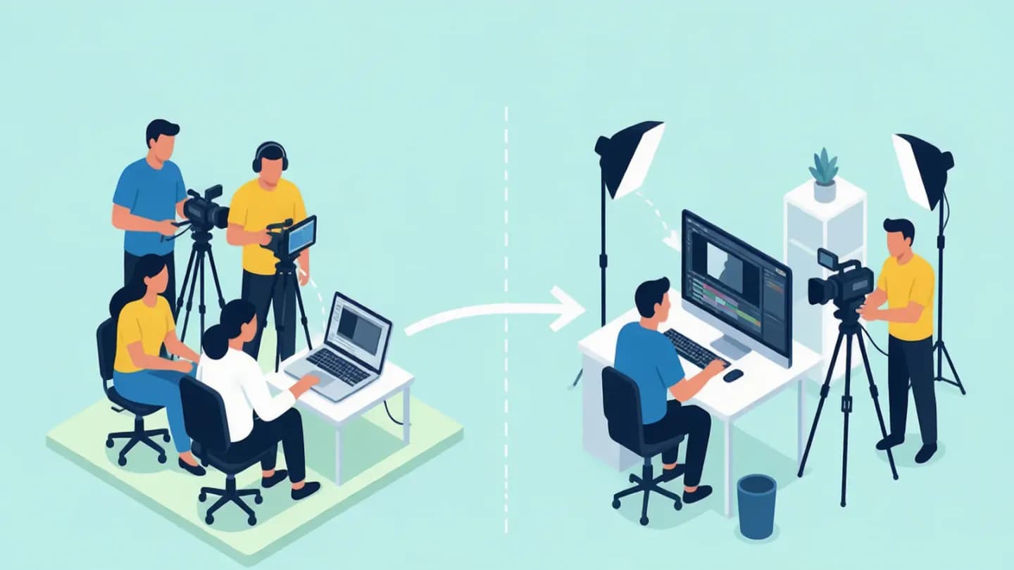 An isometric comparison of a four-person team and a large studio crew linked by cost arrows
