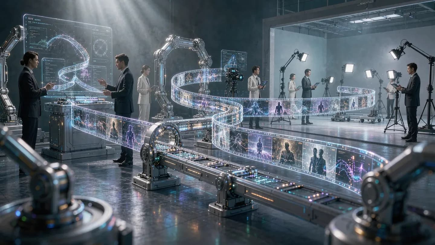 Holographic video reels feeding an automated studio with human supervisors