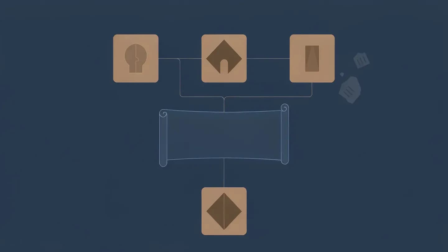 Screenplay spine tile connected to character, location, lighting and decision nodes with dim prompt chips at the edge, on a flat navy background