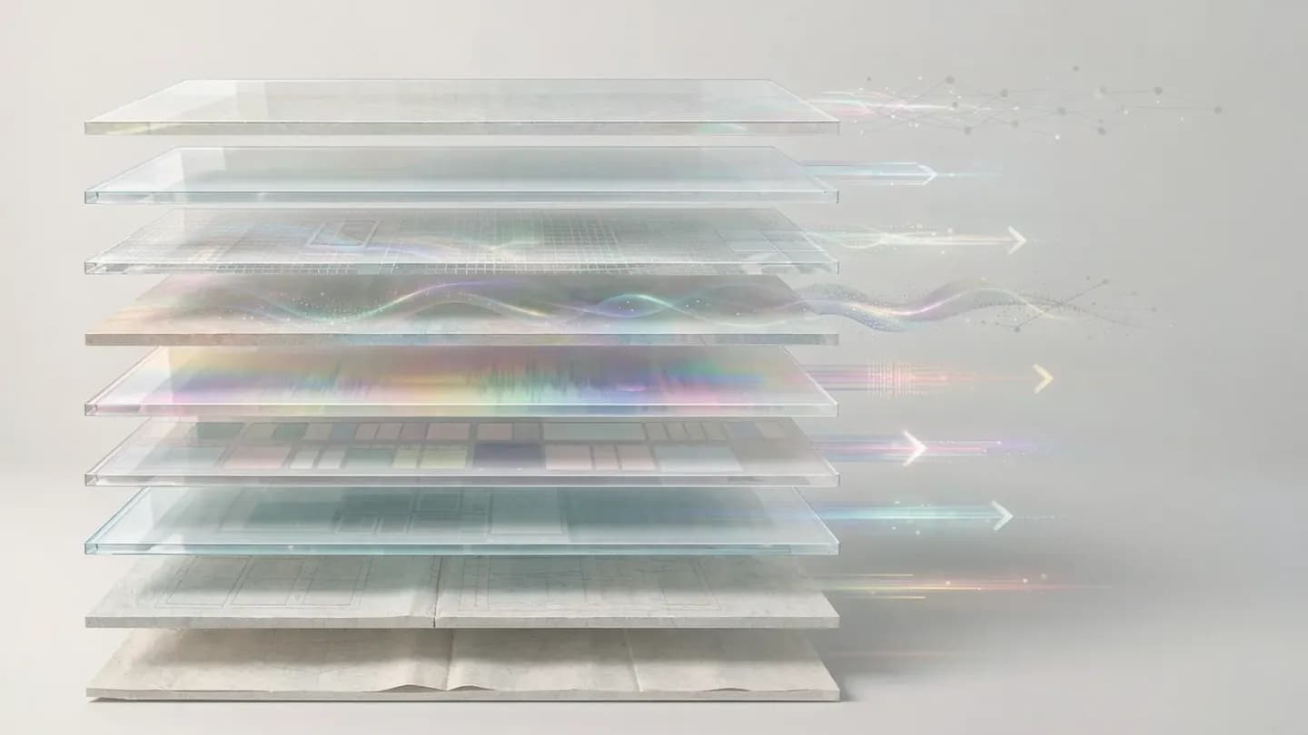 Layered horizontal bands representing a video production pipeline flowing from script to render.
