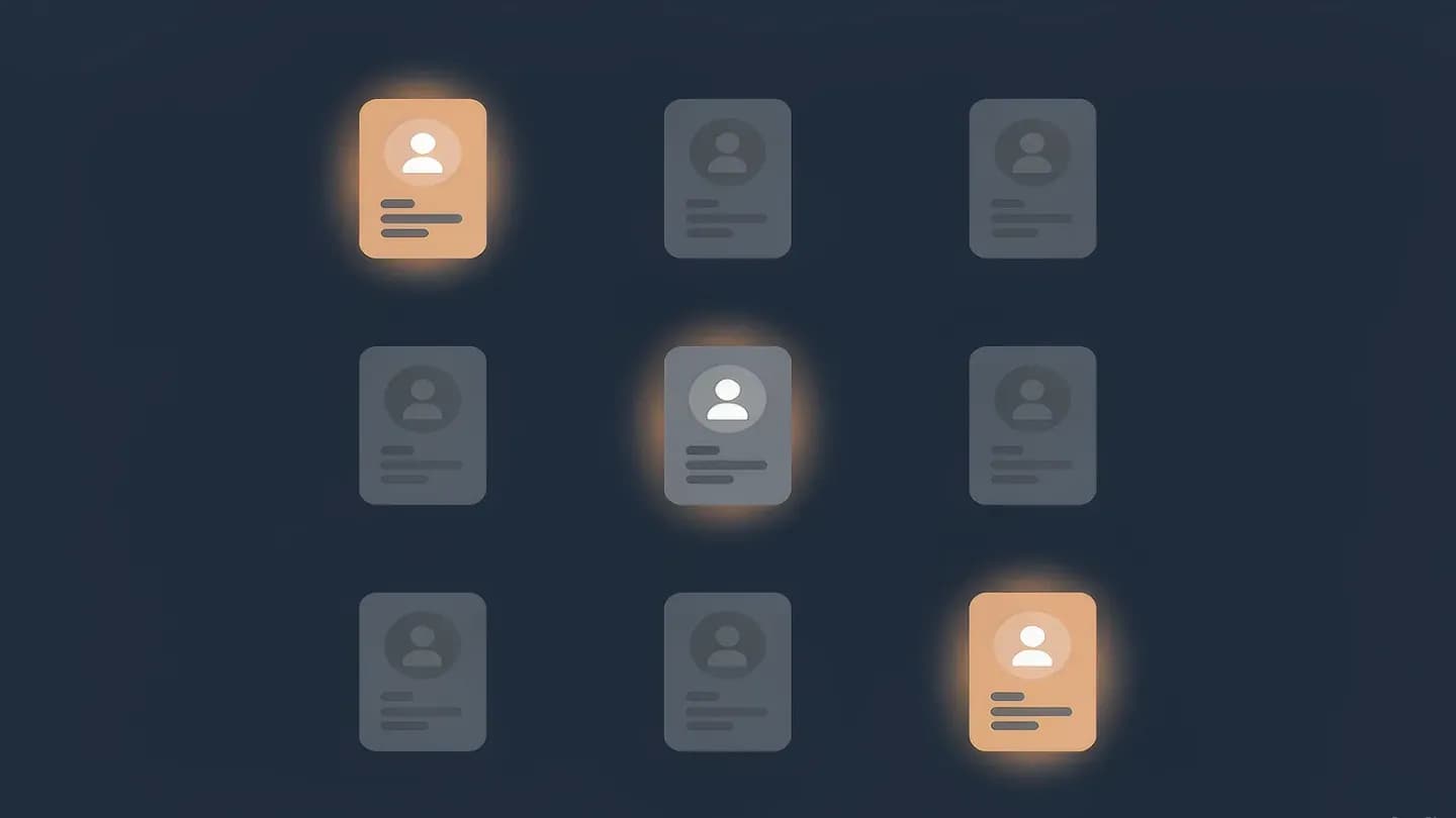 A grid of identical slate profile cards on a deep navy field with three cards glowing amber