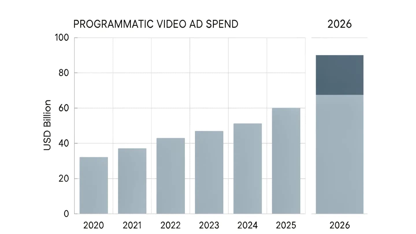 Bar chart showing 2026 programmatic video ad spend passing 80 billion dollars