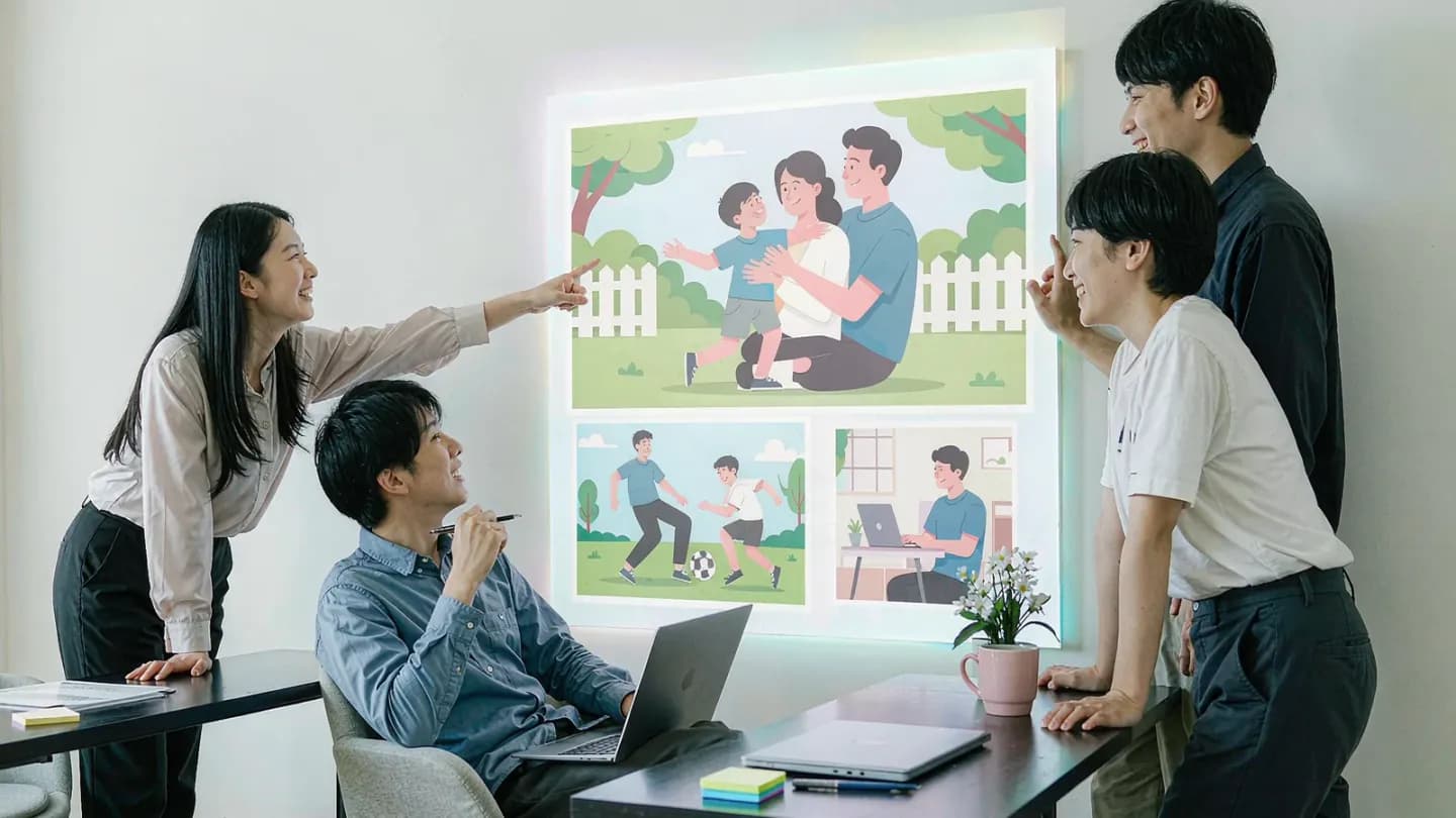 Designers prompting a large screen that renders AI-generated video frames in a bright studio