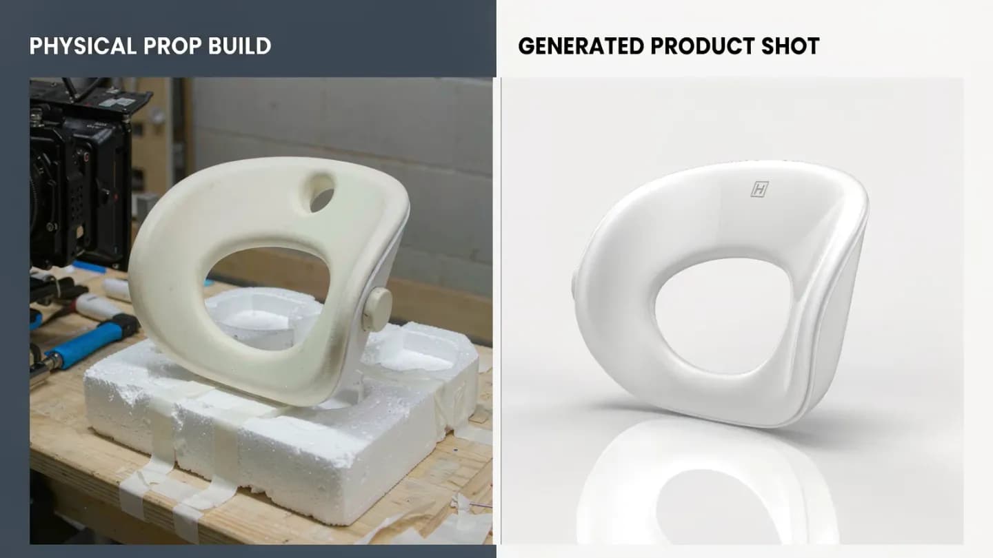 Side-by-side of a physical acrylic prop build and a generated interior product shot