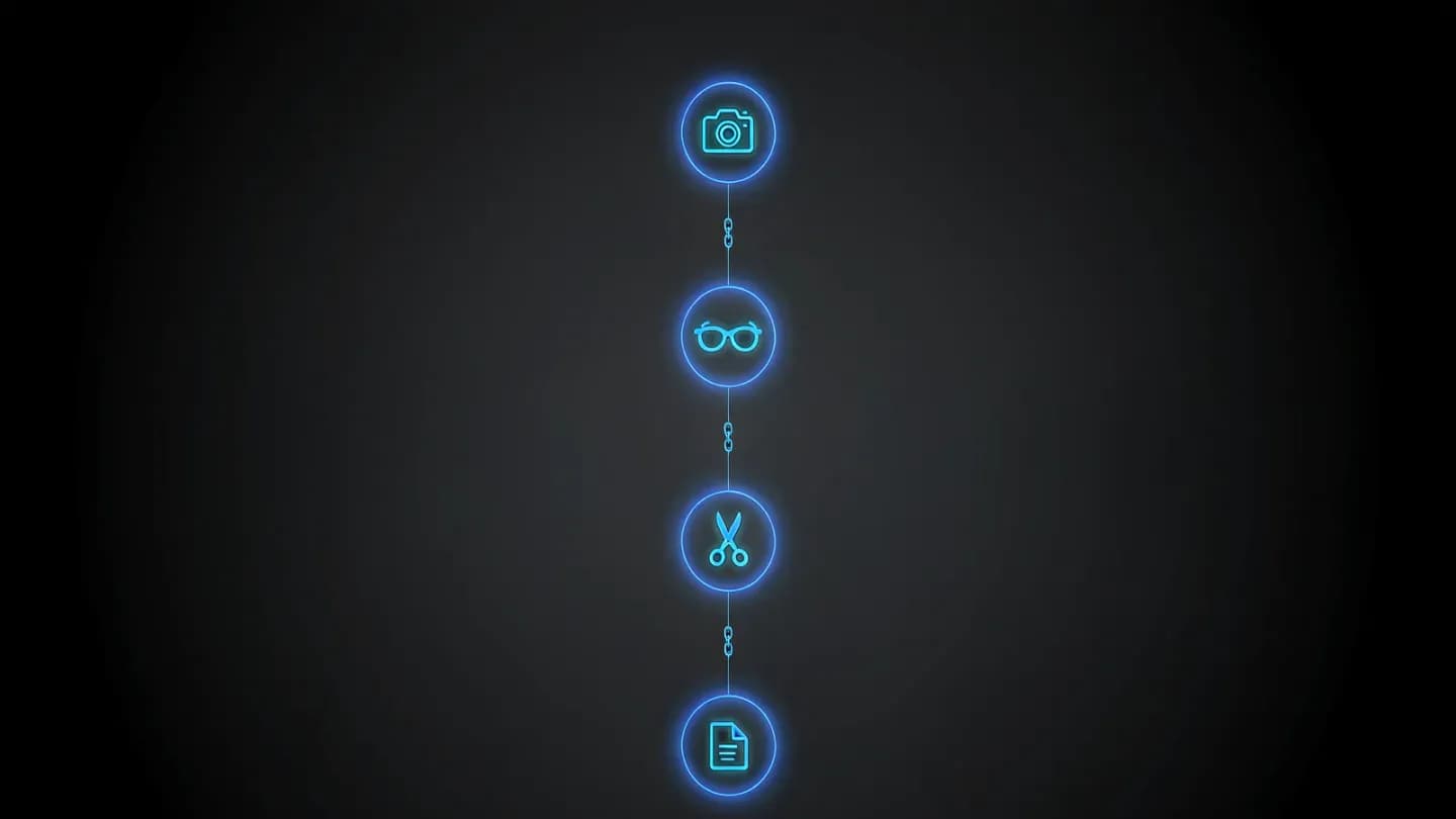 A chain of glowing nodes linking a source clip to its edit history, representing C2PA provenance for AI generated video.