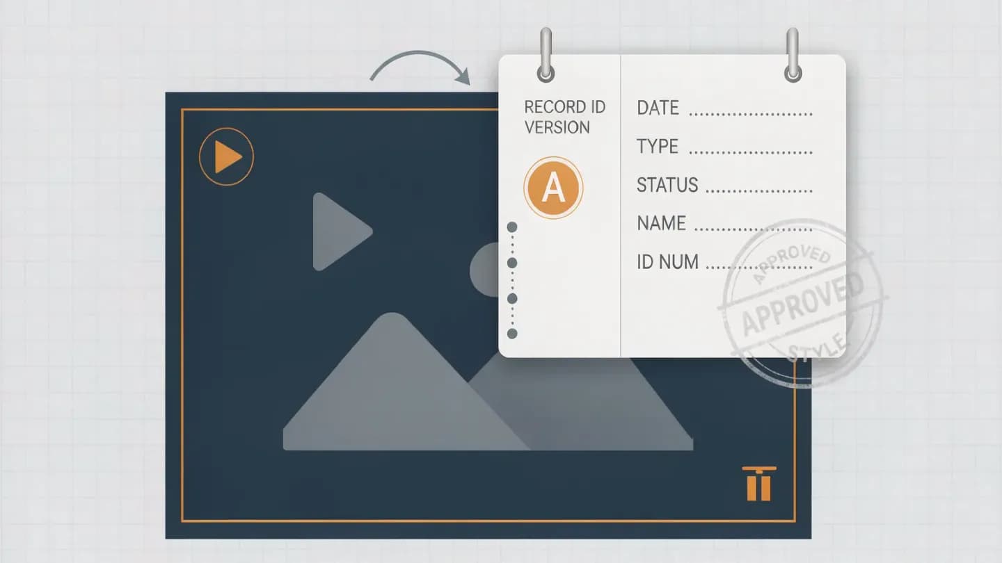 Illustration of a video file tile with an attached metadata record card and approval stamp