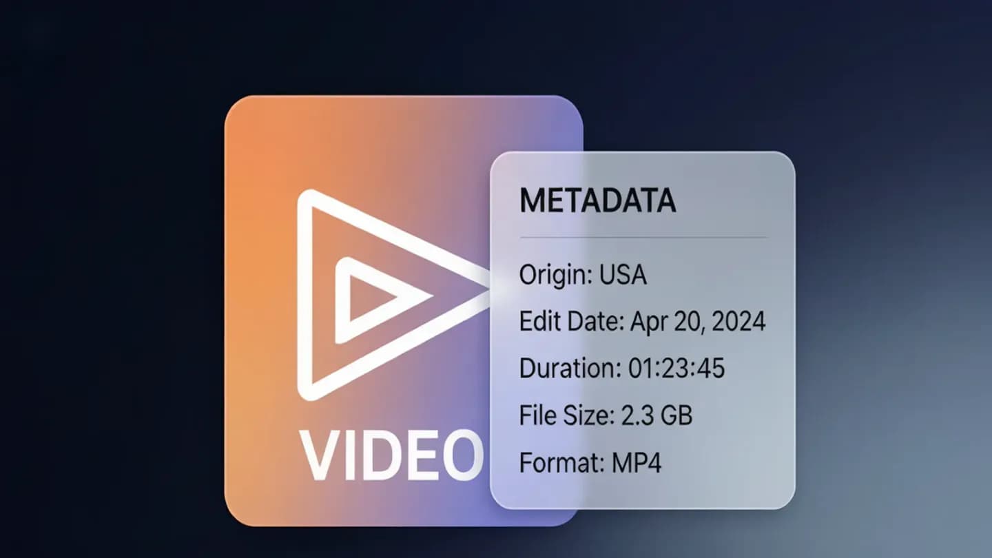 A close-up of a video file icon beside a translucent provenance metadata card listing its origin and edits.