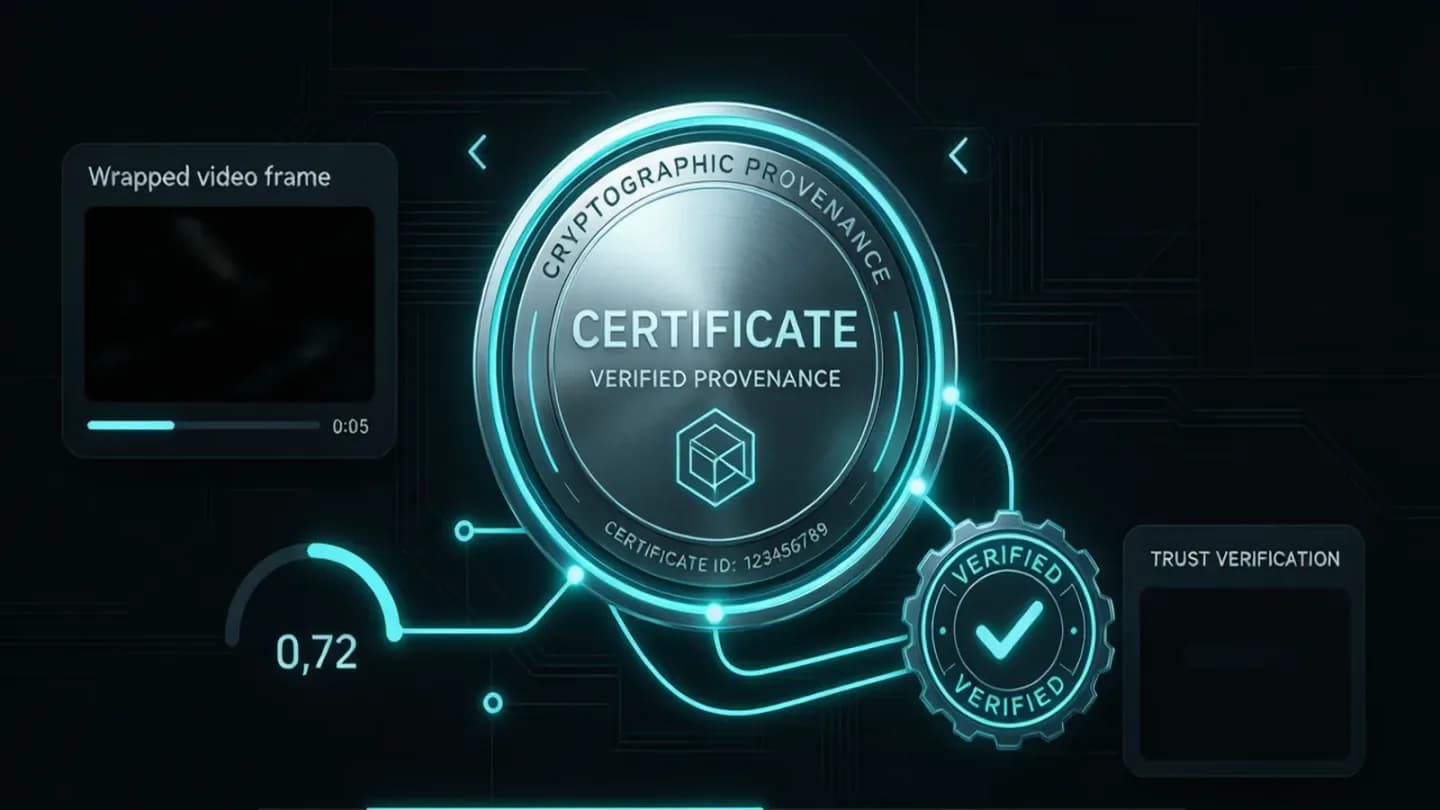 A provenance certificate badge wrapping an AI-edited video frame
