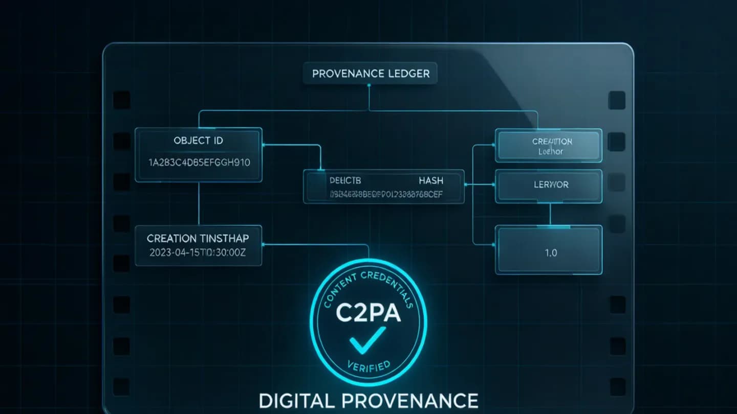 A film frame overlaid with a C2PA content credentials provenance metadata badge