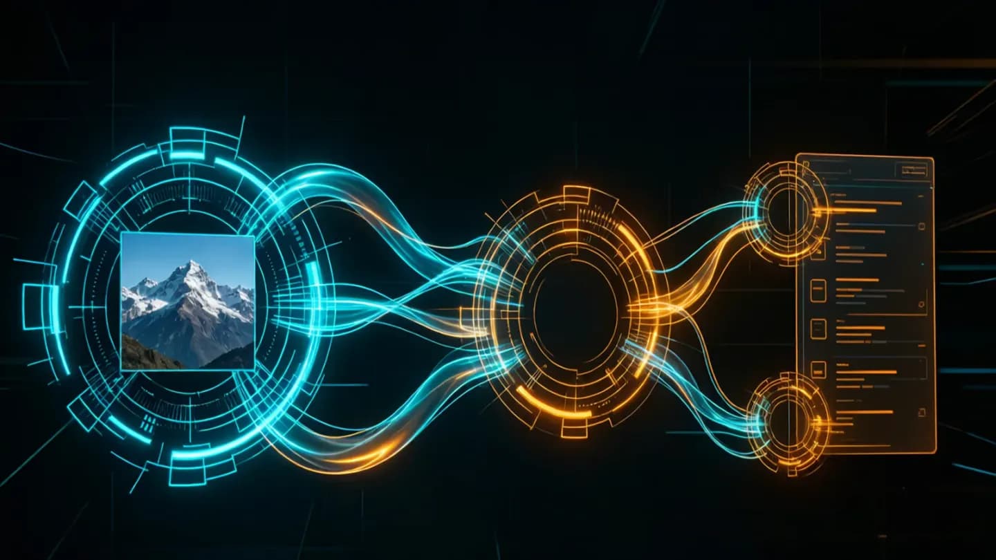 A glowing node chain representing C2PA provenance linking a source photo to a generated clip and its edit history.