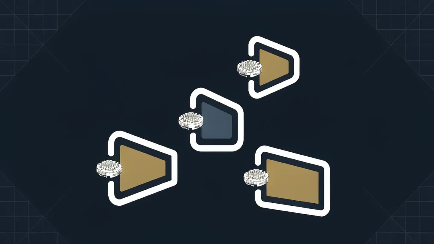 Illustration of one video asset spawning aspect-ratio variants each carrying an embedded provenance chip