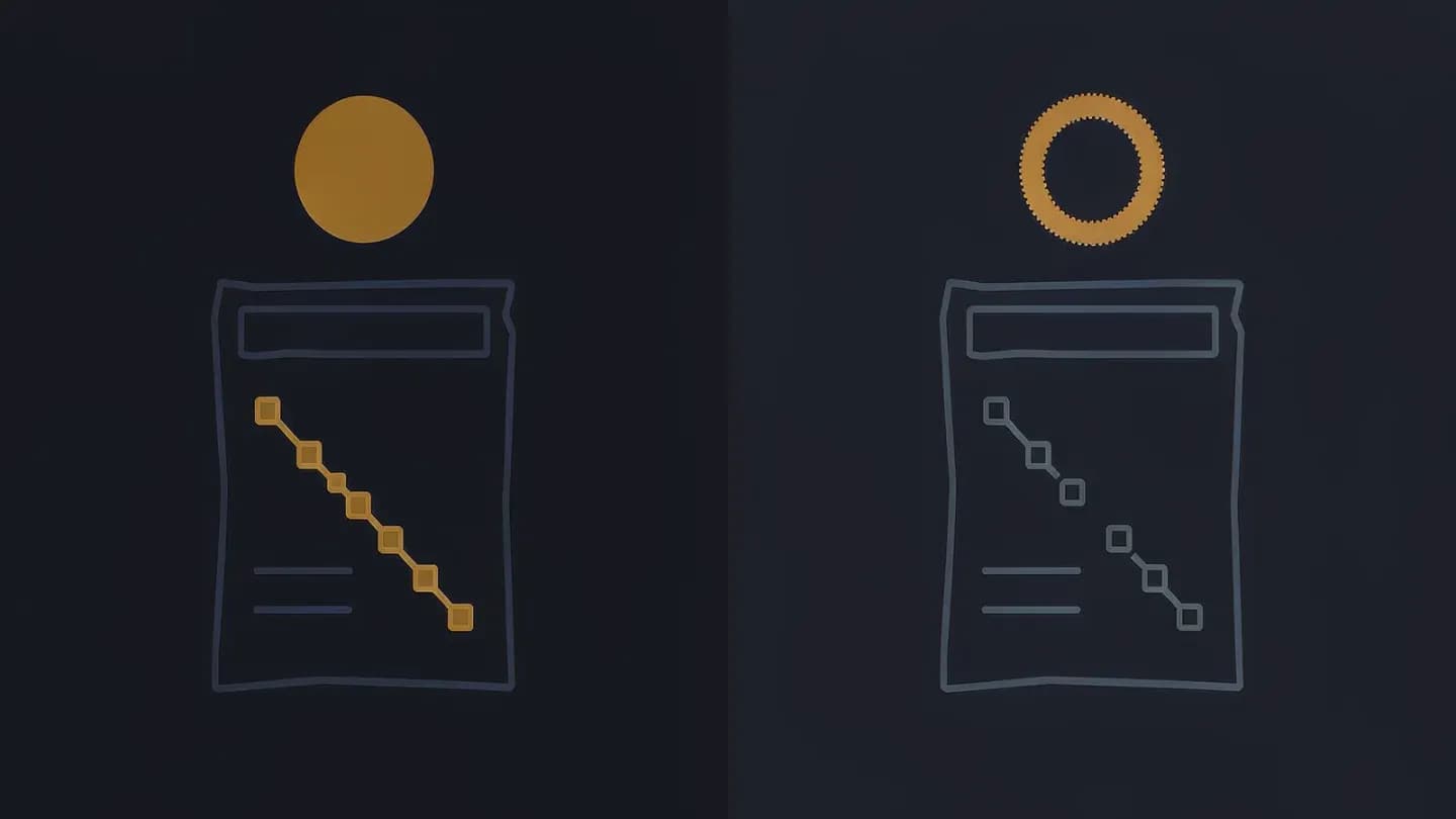 Split illustration on dark navy comparing a verified provenance chain drawn in amber against a broken chain with a visible gap drawn in slate and capped by a hollow dotted circle.