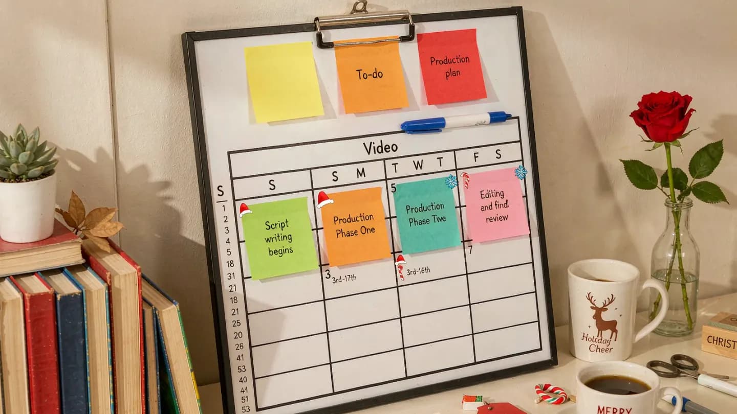 Calendar grid from September to January marked with holiday video production phases
