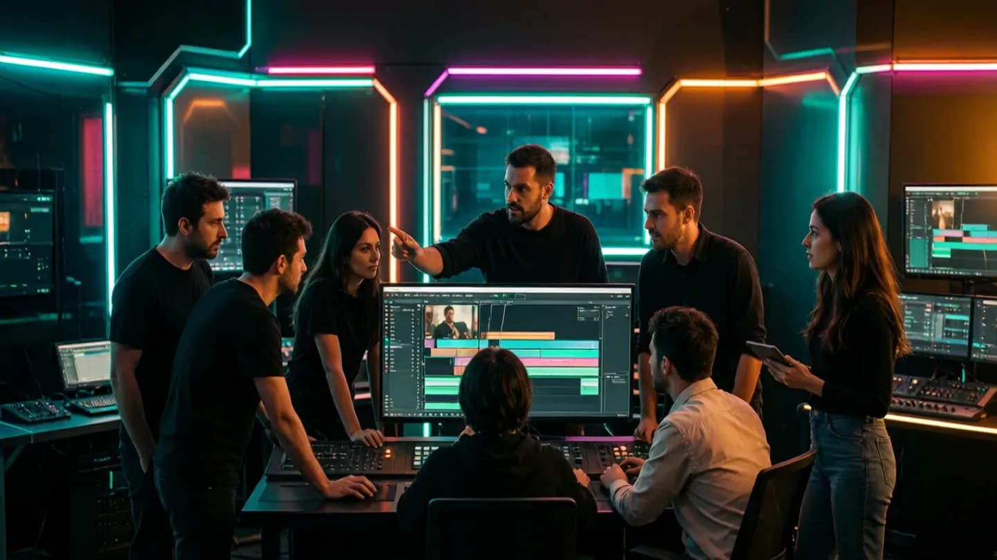 A small film crew reviewing a generative AI feature timeline on studio monitors