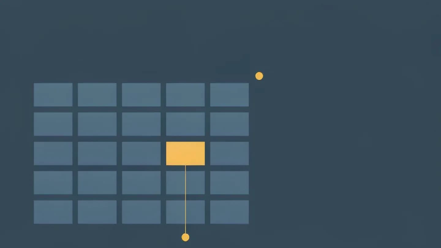 A five-by-five matrix of slate rectangles on a dark navy field with one amber-filled cell near the middle, a thin line running down to a small amber circle below the grid and a second circle above it.