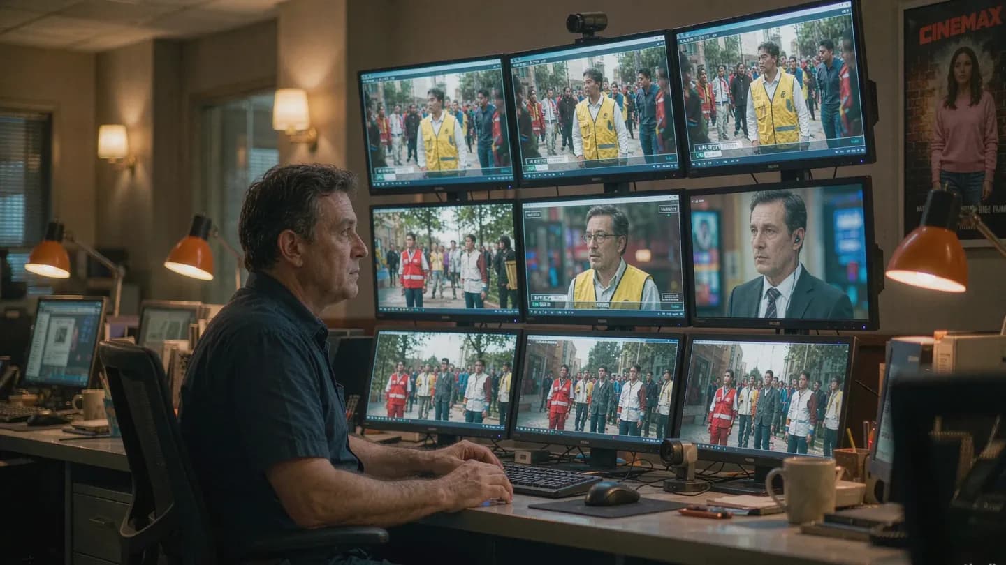 A video editor's desk with a live AI-generated stream shown across several monitors