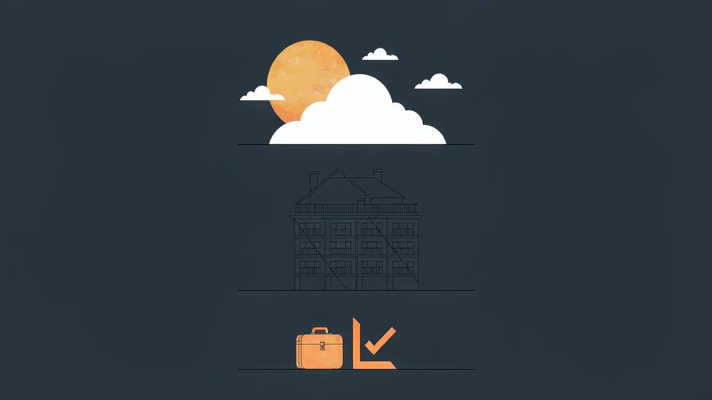 Three lanes on a dark navy field: a solid rendered sun and clouds, a wireframe hotel outline, and a solid suitcase with a small amber triangle marker, separated by thin slate lines.