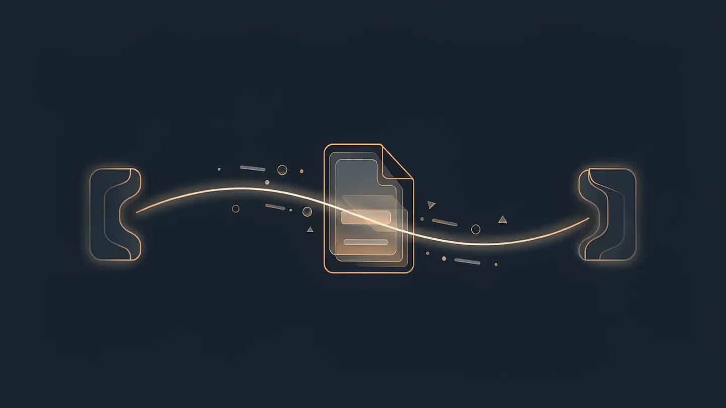 A proposal document carries layered context panels along a glowing path between two terminals