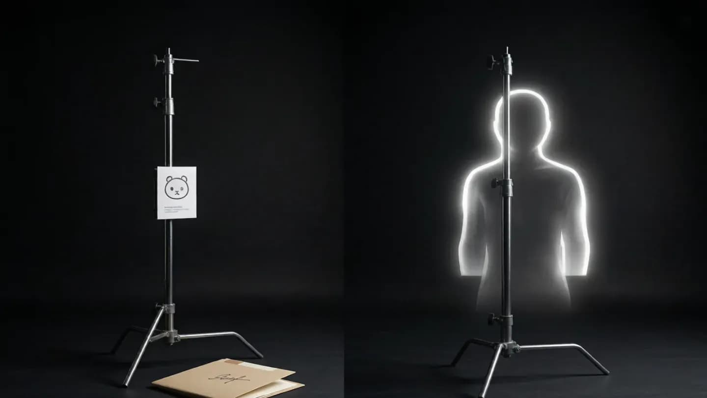A split studio scene contrasting an empty performer mark with a signed consent folder against a featureless glowing humanoid silhouette