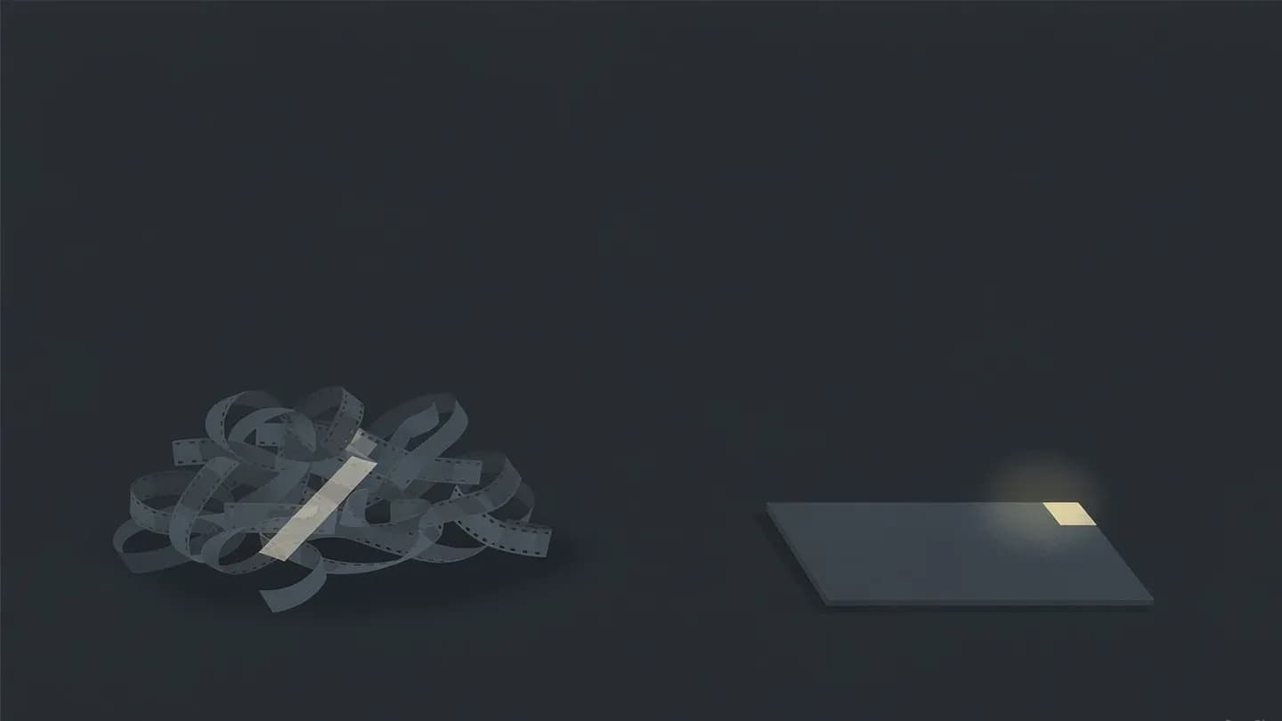 Tangled discarded filmstrips on the left contrasted with one intact filmstrip with a single patched segment on the right
