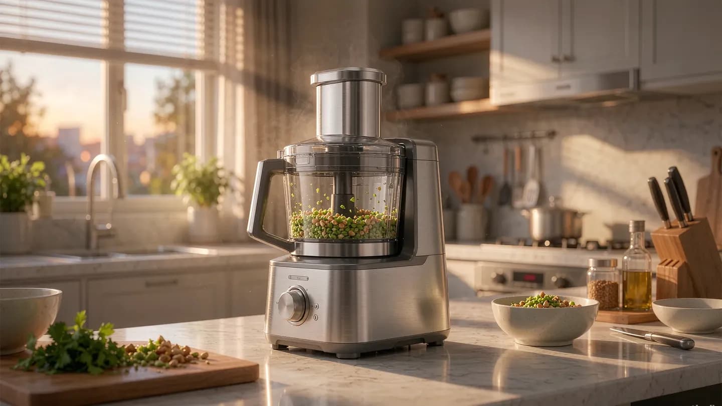 A stainless steel food processor lit at golden hour on a kitchen counter, representing retail-media AI video for product pages.