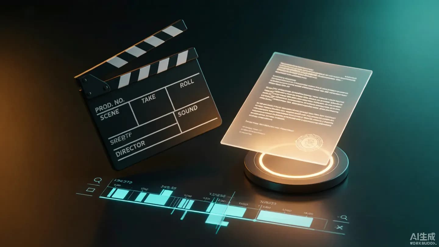 Overhead cinematic view of a clapperboard and a glowing contract above a holographic video timeline.