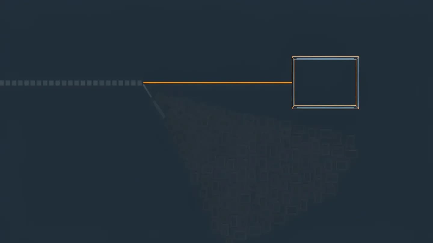 Flat abstract illustration of a stream of small squares splitting into a bright path and a scattered dim path on a dark navy field