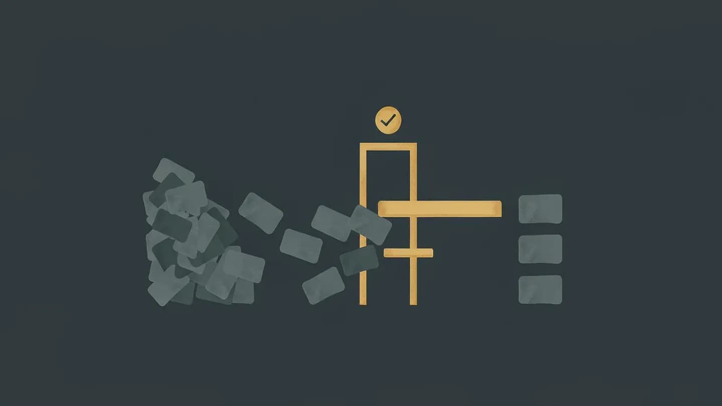 Stream of creative tiles passing through an amber gate with a check node, exiting as a short approved queue on a navy background
