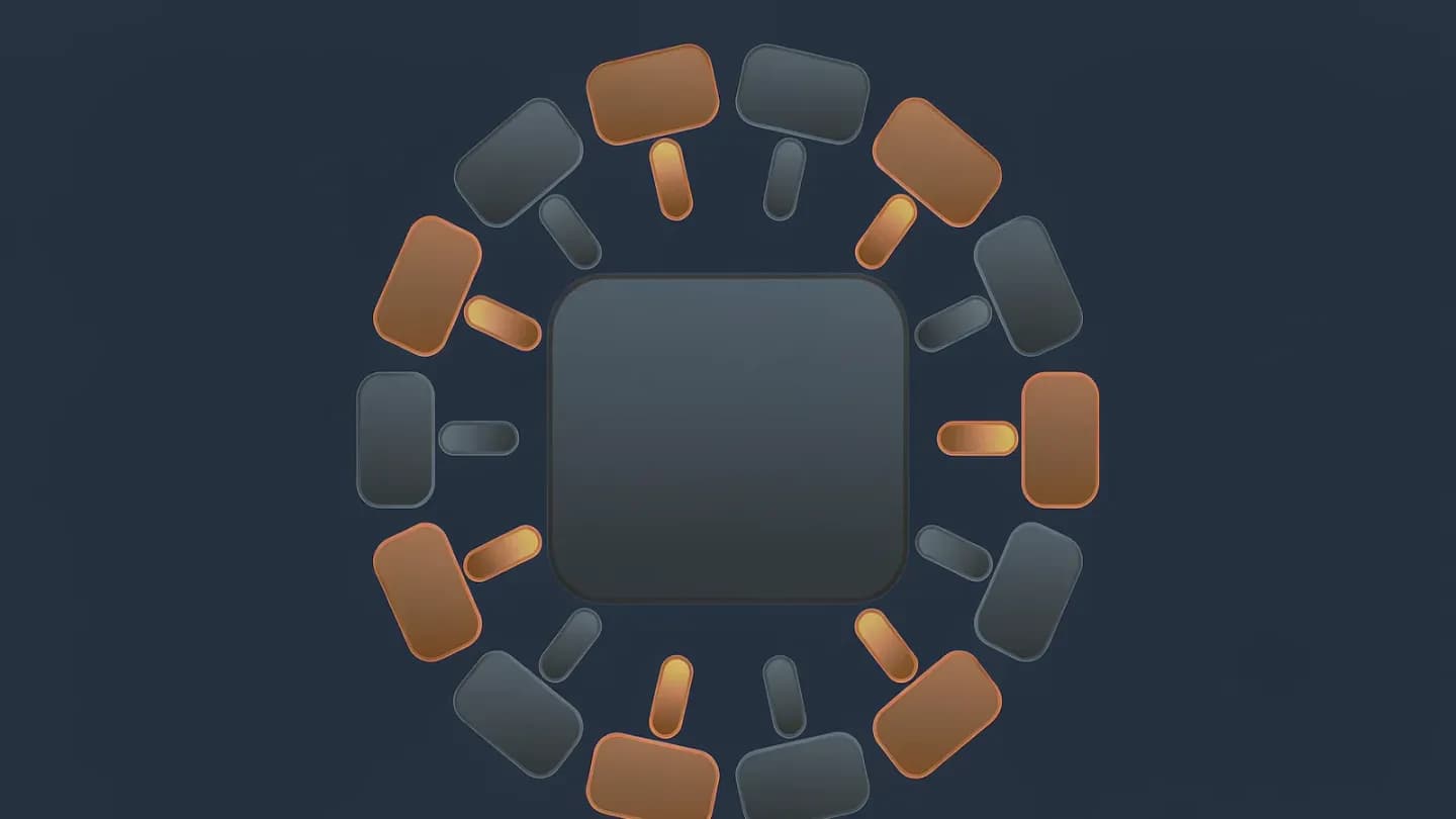 A central rounded screen ringed by evenly spaced shield shapes joined to it by short bars, on a dark navy field.