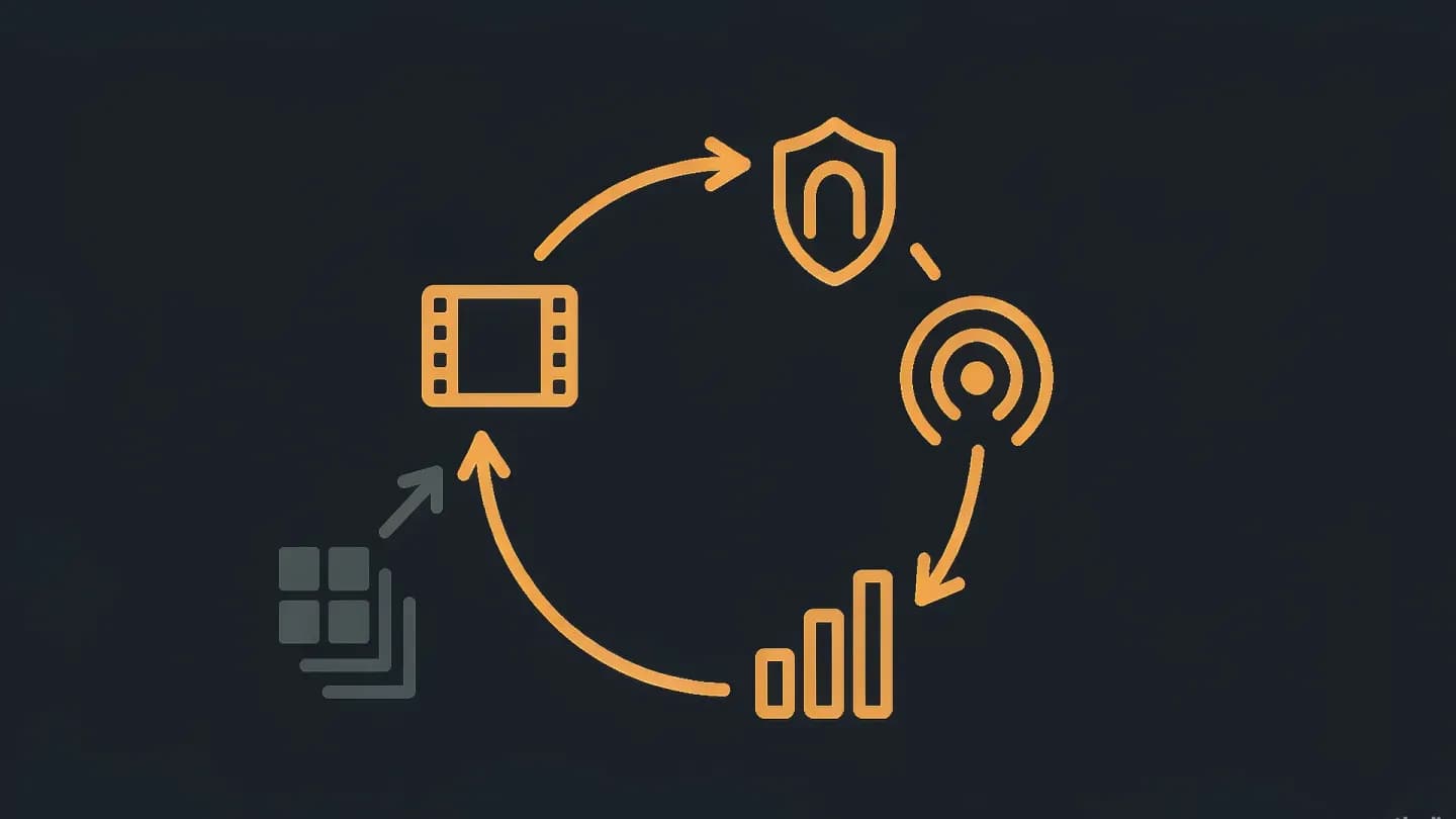 Amber circular loop of four geometric nodes on a flat navy background, representing generate, approve, publish and learn in one campaign system